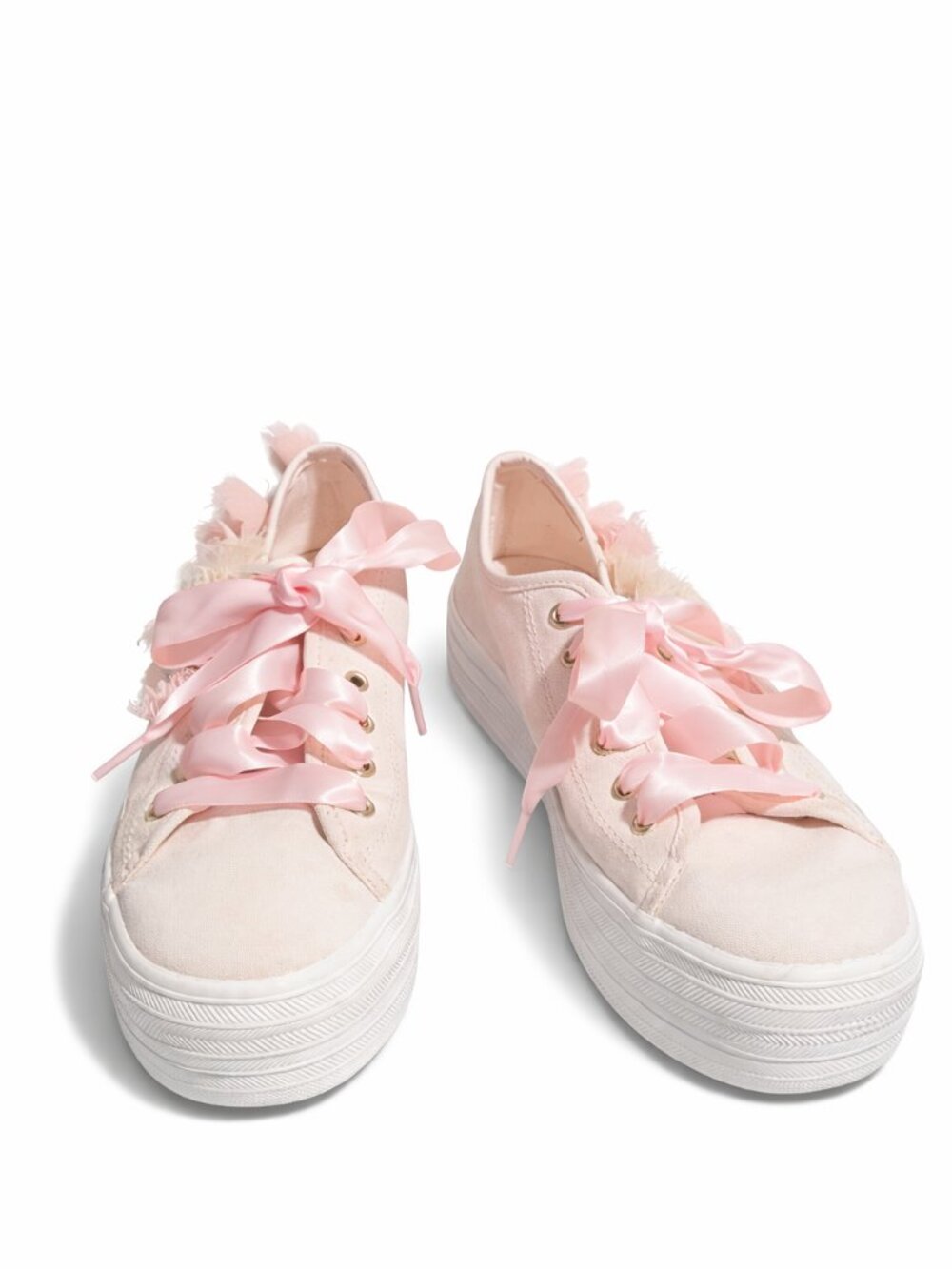 Pink Satin Ribbon Platform Sneakers | Lace‑Up Canvas Shoes | Fluffy Details